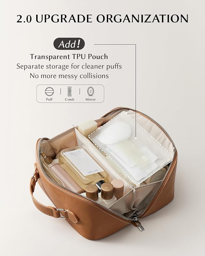 EACHY Travel Makeup Bag, Large Capacity Cosmetic Bag for Women, Waterproof PU Leather, Flat Open Portable Toiletry Bag for Skincare, Brushes & Travel Essentials