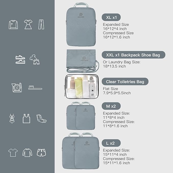 PFEYRPK Lightweight Compression Packing Cubes for Suitcases, Compressible Expandable Travel Packing Organizer with Clear Toiletries and Backpack Bag, Travel Essentials for Carry on Luggage 7 Set