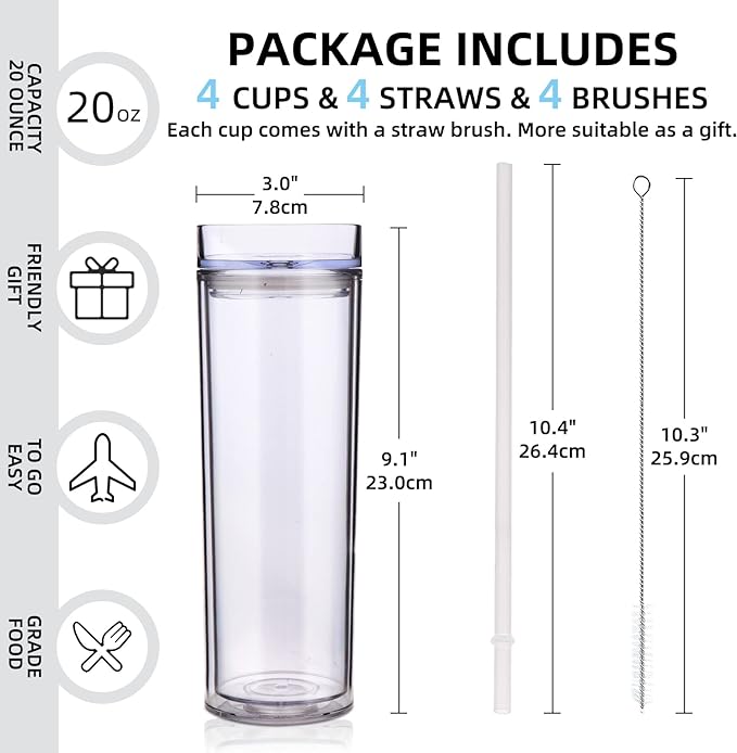 Volhoply 20oz Plastic Skinny Tumbler,Double Wall Tumblers with Lid and Straw,Reusable Travel Iced Coffee Mug,BPA Free Matte Acrylic Water Cups With Straw for Parties,DIY Gifts(Clear,1 Set)