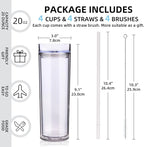 Volhoply 20oz Plastic Skinny Tumbler,Double Wall Tumblers with Lid and Straw,Reusable Travel Iced Coffee Mug,BPA Free Matte Acrylic Water Cups With Straw for Parties,DIY Gifts(Clear,1 Set)
