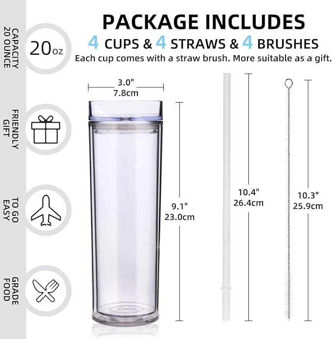 Volhoply 20oz Plastic Skinny Tumblers Bulk 10 Pack,Double Wall Tumbler with Lid and Straw,BPA Free Matte Acrylic Iced Coffee Cups with Straw,Reusable Travel Cute Mug for Party,DIY Gift(Clear,10 Set)