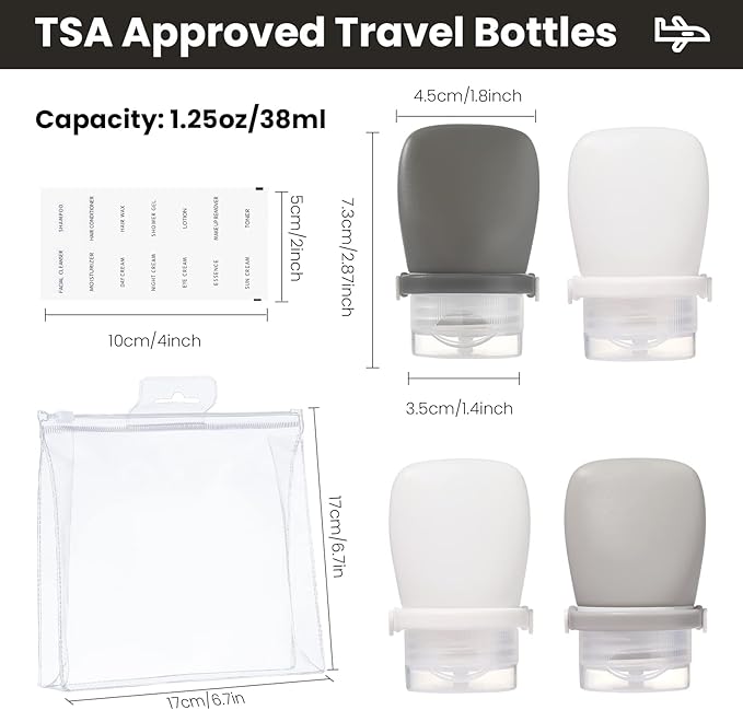 RONRONS 4 Pack 1oz TSA Approved Leakproof Silicone Travel Squeeze Bottles for Toiletries, Shampoo, Salad Dressing, Travel Essentials