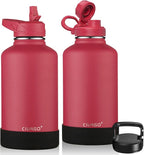 CIVAGO 64 oz Insulated Water Bottle With Straw, Half Gallon Stainless Steel Sports Water Flask Jug with 3 Lids (Straw, Spout and Handle Lid), Large Metal Thermal Cup Mug, Classic Red