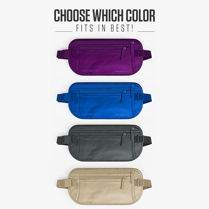 VENTURE 4TH Money Belt for Travel – Slim Hidden Under-Clothes RFID Blocking Anti-Theft Passport Holder & Travel Wallet Pouch for Men & Women to Protect Cash, Cards & Documents (Sleek Purple)