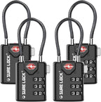 SURE LOCK TSA Approved Combination Luggage Locks with Open Alert Indicator – Durable Zinc Alloy Cable Travel Locks with Large Easy-Read Dials for Suitcases, Backpacks & Gym Bags Black 4 Pack