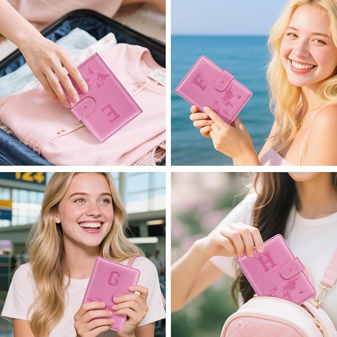 Passport Holder Cover Initail Letter A-Z Travel Wallet Embossed Design RFID Blocking Card Holder Personalized Gift Passport Cover Wallet, Passport Book Holders for Women and Girls, Pink-E