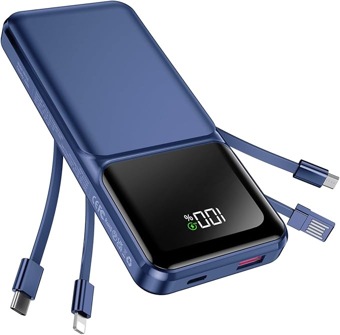 RONEGN Portable Charger with Built in Cable -20000mAh Fast Charging Power Bank USB C Slim 22.5W LED Display Battery Pack 5 Outputs & 3 Inputs for Travel Essentials iPhone Samsung Phones Blue