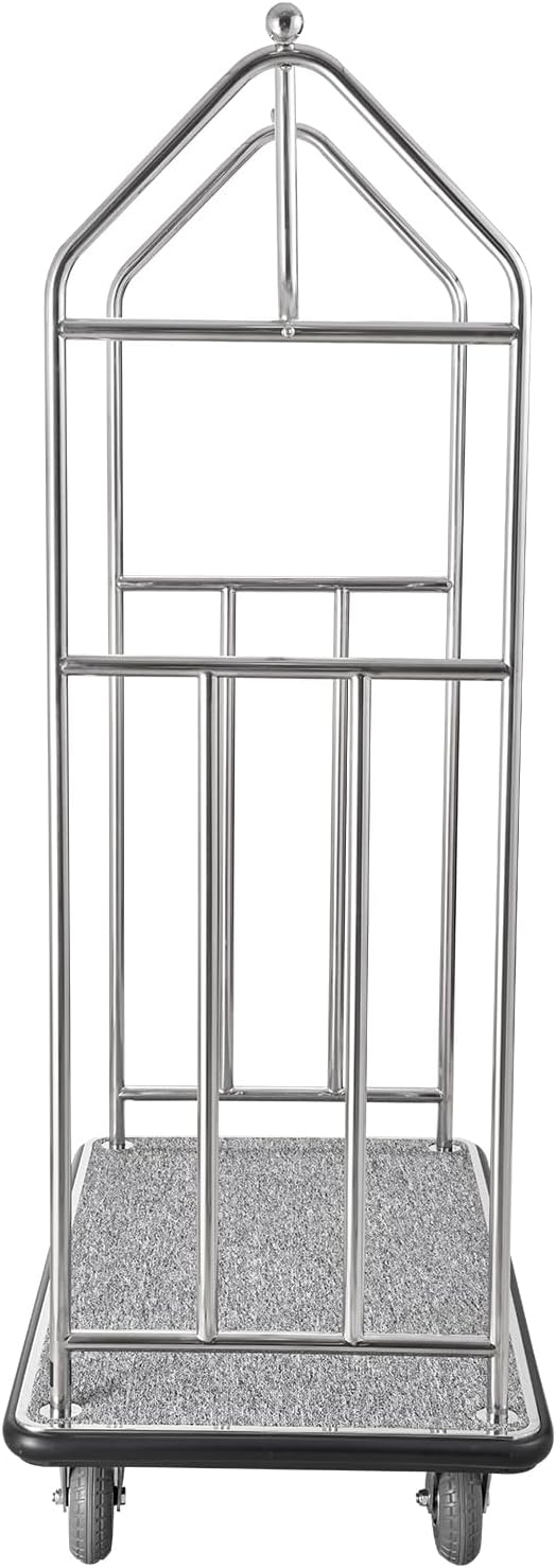 VEVOR Hotel Luggage Cart, Brushed Stainless Steel Finish Bellman's Cart, Valet Cart with Grey Carpeted Deck and 6-inch Rubber Wheels, Ideal for Hotels, Condos, Resorts, Silver