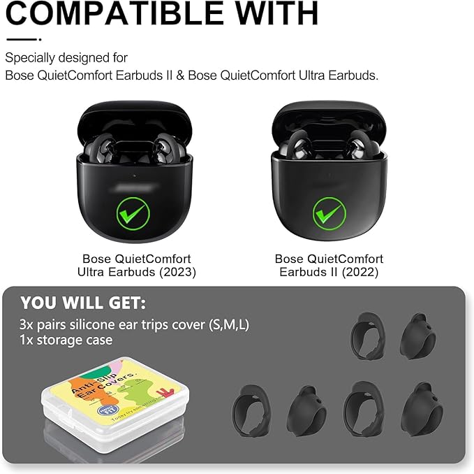 [3 Pairs] Ear Tips Cover for Bose QuietComfort Earbuds II (2022) &Bose QuietComfort Ultra Earbuds (2023), Silicone Sport Ear Hook Cover, Anti-Slip Replacement Eartip Accessories (S,M,L) (Black)