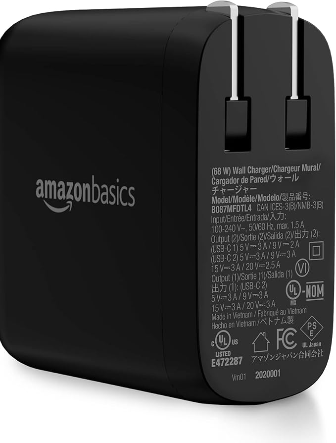 Amazon Basics 68W Two-Port GaN Wall Charger with 2 USB-C Ports (60W, 18W) with PD for Laptops, Tablets & Phones (iPhone 16/15/14/13/12/11/X, iPad, MacPro, Samsung, More), Non-PPS, Black