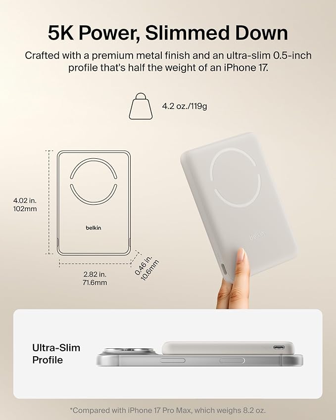 Belkin MagSafe Power Bank 5,000mAh, Ultra-Slim Qi2 15W Certified Magnetic Back Supports MagSafe Accessories On-the-Go, Wireless Battery Pack w/USB C Cable for iPhone 17, Pixel 10, Travel - Sand