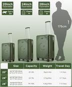 Somago Expandable Carry On luggage with Shock-Absorbing Braking Spinner Wheels Moon Star Design Hard Shell Suitcase with Cupholder TSA Lock (Army Green,Expandable 20 Inch)