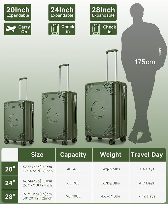 Somago 3 Piece Luggage Set with Cup Holder, Expandable 25% Capacity Suitcase with Shock-Absorbing Braking Spinner Wheels Moon Star Design Hardside Suitcase with TSA Lock (Army Green,Expandable Sets)