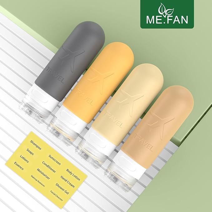 ME.FAN Travel Bottles for Toiletries, TSA Approved 3oz Travel Size Containers, Silicone Squeezable Portable Split Bottle, Travel Accessories for Conditioner, Shampoo, Lotion- 4 Pack Yellow