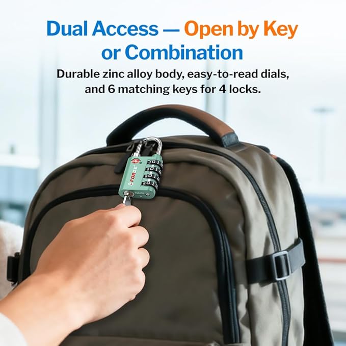 Forge Dual-Opening: Key or Combination Lock, TSA Approved Lock for Luggage, Pelican case, Travel, Gym, School, Luggage Combination Lock, Travel Bag Lock (Green 4 Pk)