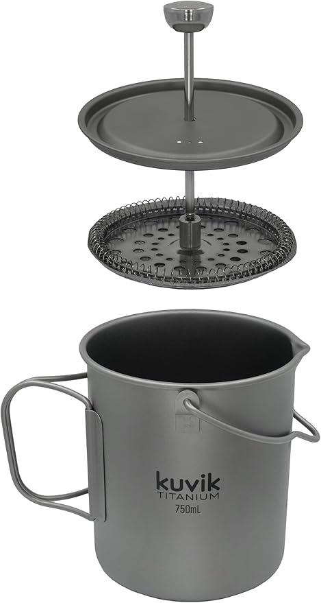 Kuvik Titanium French Press 750ml (25.4 oz) - Ultralight and Compact French Press for Backpacking and Camping