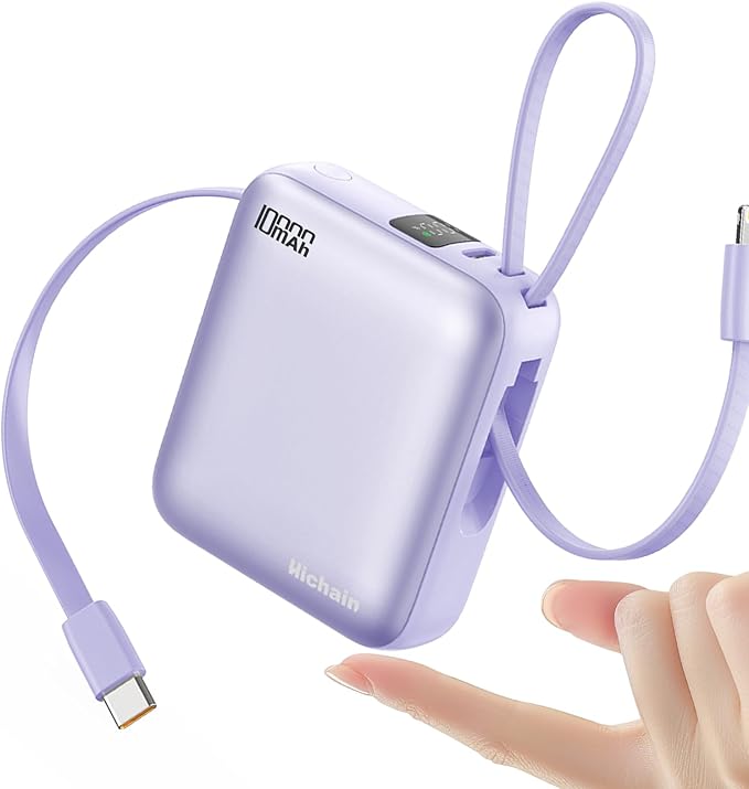 Hichain Small Portable Charger with Built in Cables LED Display, Mini Power Bank 10000mAh 22.5W USB-C Fast Charging Battery Pack, Travel Essential Power Bank for iPhone, iPad, Samsung, Android Purple