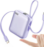 Hichain Small Portable Charger with Built in Cables LED Display, Mini Power Bank 10000mAh 22.5W USB-C Fast Charging Battery Pack, Travel Essential Power Bank for iPhone, iPad, Samsung, Android Purple