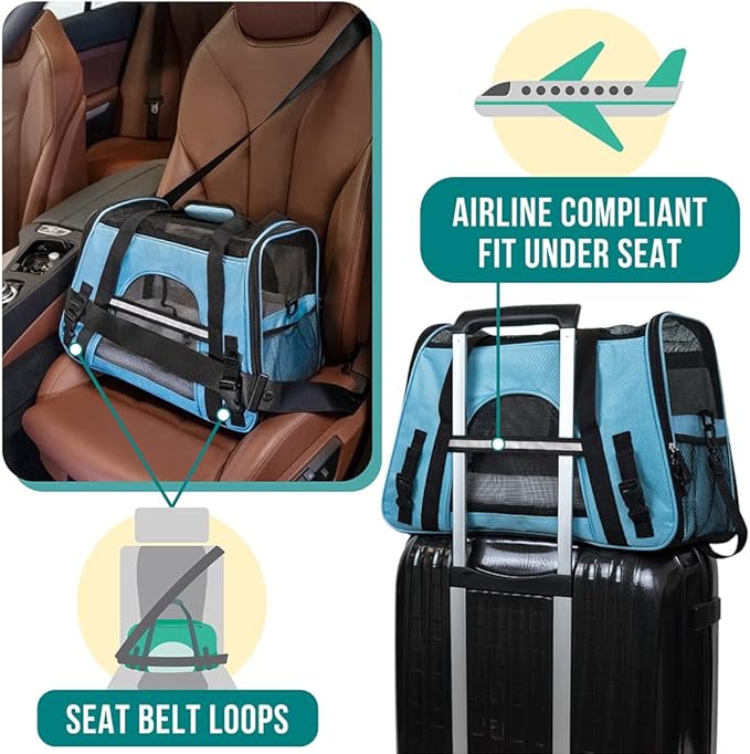 PetAmi Airline Approved Pet Carrier for Cats & Small Dogs, Soft Sided TSA Travel Carrier Bag with Sherpa Bed, Breathable Mesh Ventilation, Collapsible Bowl, Fits Under Seat, Up to 18 lbs, Large Blue