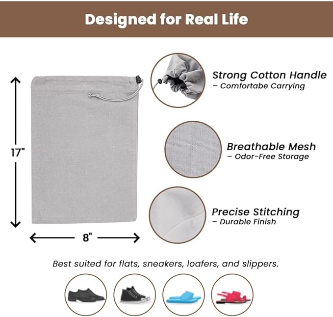 LFH Cotton Rich Shoe Storage Bags with Drawstring, Dustproof Breathable Reusable Organizer, Perfect For Travel, Dorm, Hotel, College, Gym, Easy to Carry, Machine Washable 8"x17" (Pack of 4) - Grey