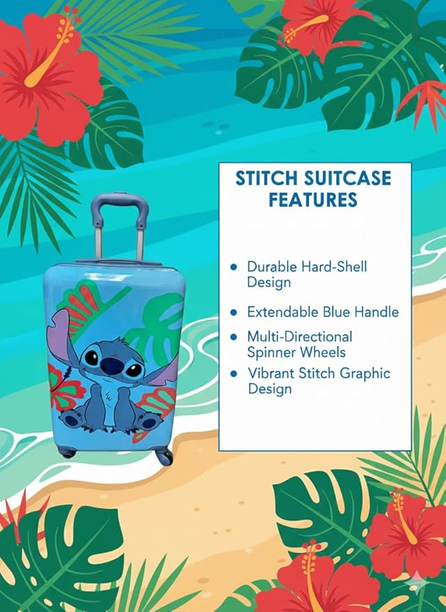 Disney Stitch 20" Hardshell Luggage - Cute & Durable Hard-side Suitcase for Travel with Spinner Wheels 20"x12"x8"