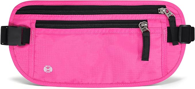 FuninCrea Waterproof Hidden Money Belt for Travel, Anti-Theft Belt Bag with RFID Blocking Function Adjustable Slim Waist Bag with 2 Zipper Pockets & 1 Back Pocket for Travel Running (B, Hot Pink)