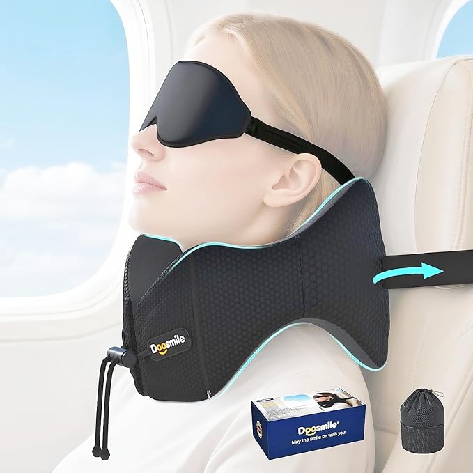 Novelty Patented Head-bobble-preventing Ergonomic 360° Supporting Memory Foam Travel Neck Pillow w/ 3D Contoured Eye Mask Sleeping Essentials Combo for Airplane Long Flight Train Bus Car Trip