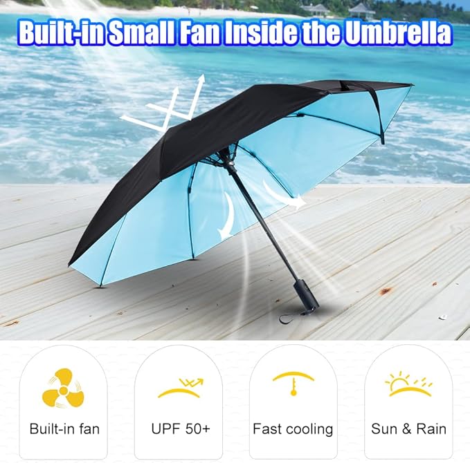 WOOLALA【Newly UV Portable Cooling UPF 50+ Foldable Umbrellas with Fan for Sun & Rain, USB Rechargeable for Games, Playgrond, Heatstroke, Hot Days