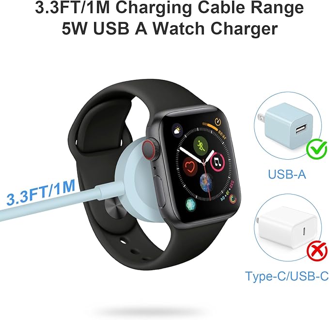 Fast Charger for Apple Watch Charger, Magnetic iWatch Charger to USB A Cable 3.3FT with USB A Wall Plug Adapter for Apple iWatch Series Ultra/10/9/8/7/6/SE/5/4/3/2 (Blue)