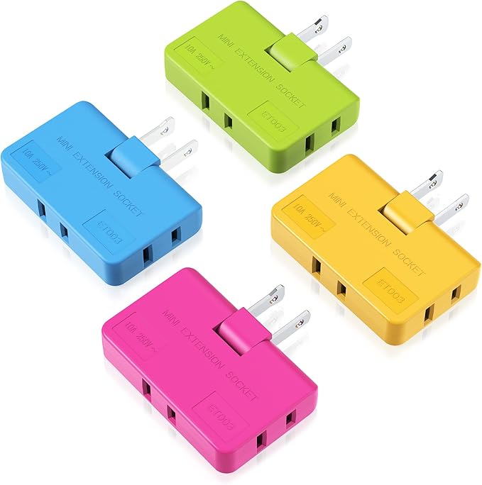ETwinCoo 3 Way Flat Wall Outlet Extender AC Adapter - 2 Prong Flat Wall Plug, Adjustable Rotatable Mini Socket (Quick & Safe) Perfect for Home and Travel, Type A, Multiple Color (4 Pack)