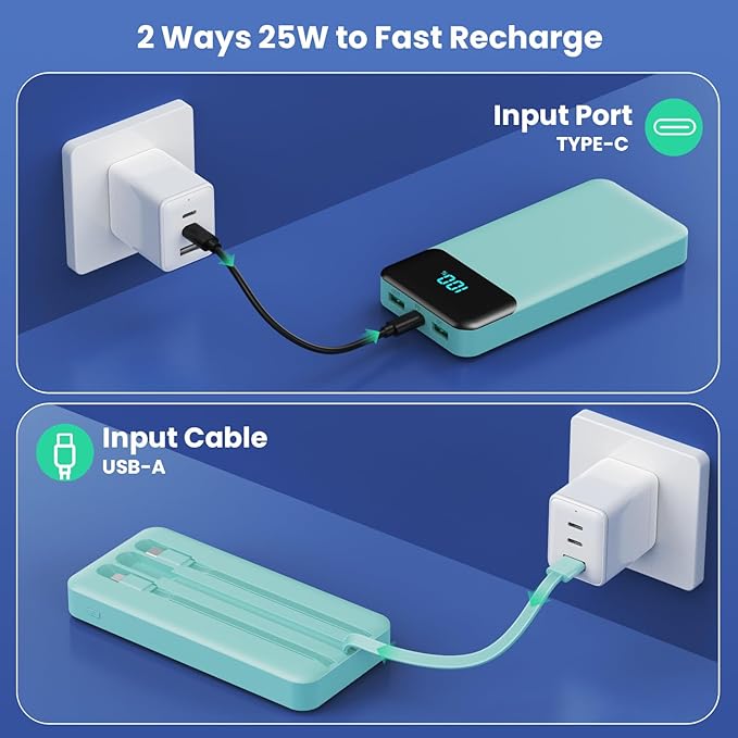Portable Charger 40800mAh Power Bank with 3 Built-in Cables,PD 25W USB C in&Out Power Bank Fast Phone Charging,QC4.0 5 Outputs Travel Camping Essential Battery Pack for iPhone 17/16,Samsung etc-Green