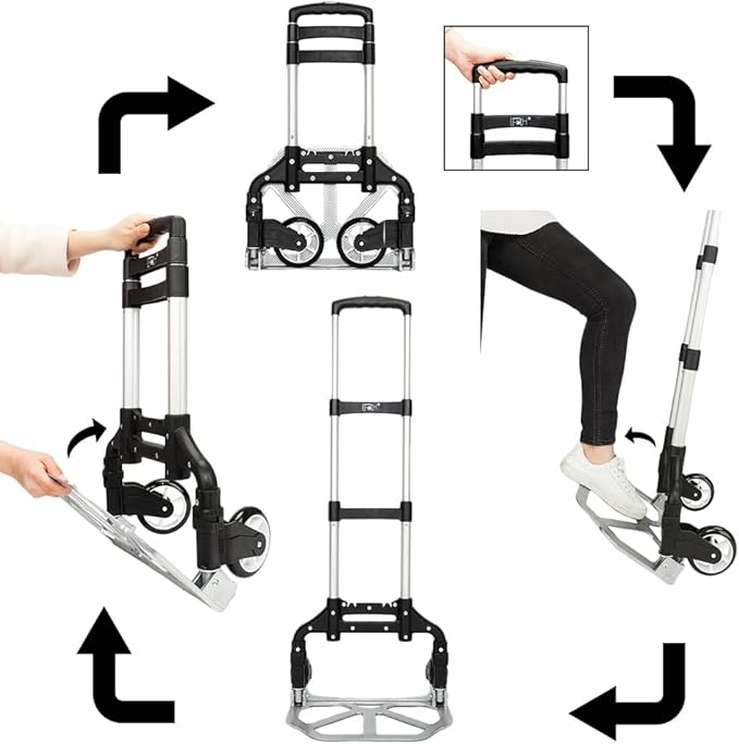 Aluminum Folding Hand Trucks, Foldable Roller Shopping Trolley Collapsible 2 Wheel Trolley Expandable Large Chassis Foldable intoBackpack for Moving Travel Shopping Airport Office,Black