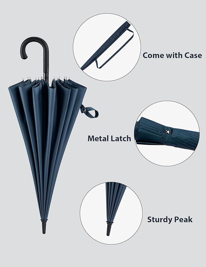 Premium Windproof Umbrella Classic J stick Handle with Easy Grip - Auto Open, Rainproof and Durable Canopy Design Perfect for Rainy Days Sunshad
