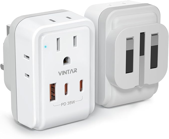 1 Pack UK Adapters for Travel, VINTAR PD 35W Foldable US to UK Plug Adapter with 4 AC Outlets & 3 USB Ports (2 USB-C), Type G Power Adaptor for Ireland England Scotland London Dubai Singapore
