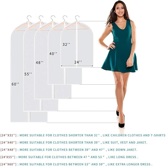 Garment Bags for Hanging Clothes, 6 PCs All Clear Garment Bag, Plastic Dustproof Suit Bag, Coat Protector Zippered Garment Covers for Closet Storage and Travel - 24'' x 48''/6 Pack