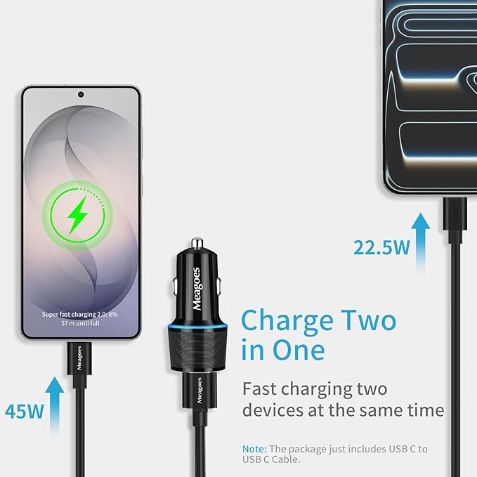 67.5W Car Charger USB C Super Fast Charging, 45W USBC & QC3.0 Port Plug for iPhone 17 Pro Max/Air/16/15/iPad, Samsung S26/S25 Android Cell Phone, Dual 12V Cigarette Lighter Adapter+ 10 ft Type C Cable