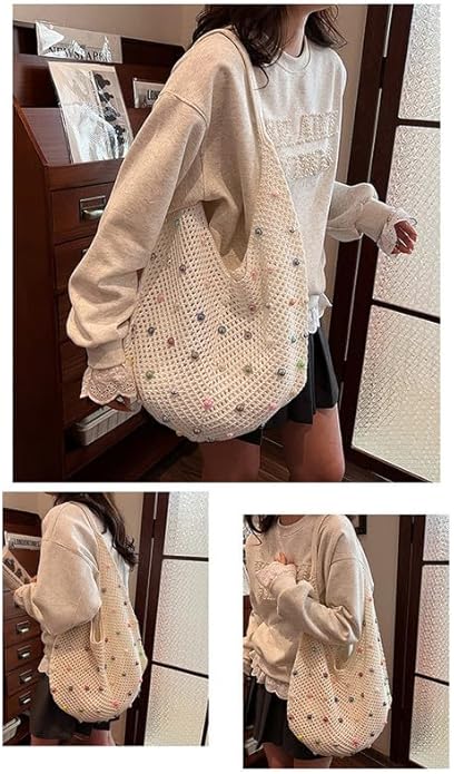 Boho Crochet Beach Tote Shoulder Bag with Colored Beads | Colorful Aesthetic Hippie Knit Bag for Women