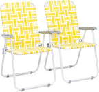 Folding Patio Lawn Webbed Chair Set of 2, Portable Outdoor Beach Chair for Adults, Camping Chair Steel Frame 300lbs Capacity for Yard, Garden Dining, Party, Picnic, Yellow