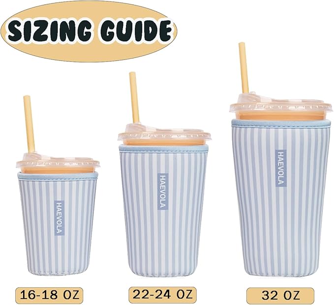 Reusable Insulated Neoprene Iced Coffee Cup Sleeve, Durable Drink Sleeve for Cold Beverages, Beverage Holder for Iced Coffee, Blue Stripes