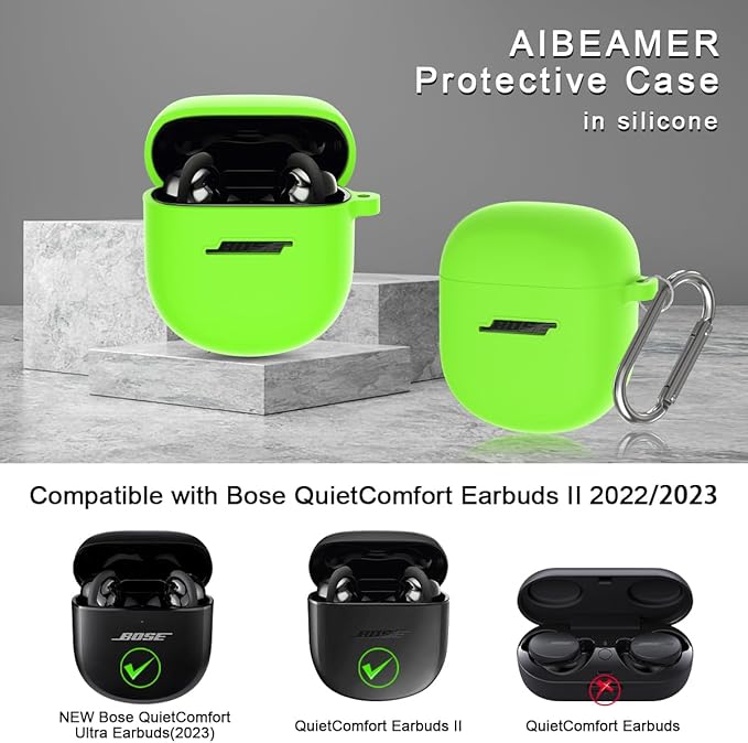 Silicone Case for Bose QuietComfort Earbuds II (2022) & QuietComfort Ultra (2023), Shockproof Protective Cover with Keychain for Men Women (Green)
