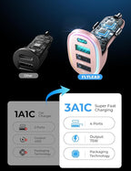 75W Car Charger USB C, 4 Port Super Fast Cigarette Lighter USB Charger, Type C 60W & QC 3.0 Multiport Car Phone Adapter Accessories for iPhone 17/16/15/14/13/12 Pro Samsung S26 Series, Pink