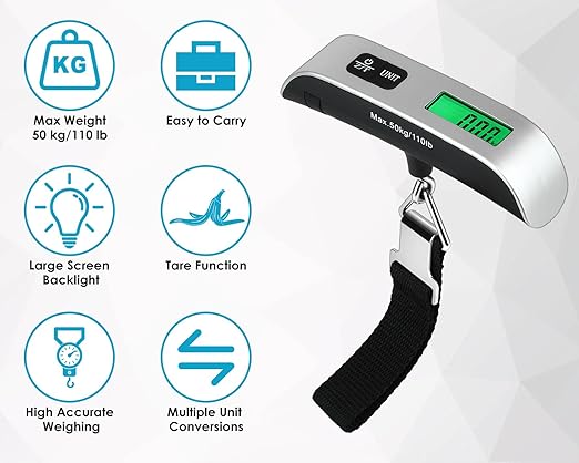 Luggage Weight Scale Portable Digital Suitcase Scale for Travel Handheld Scale with Temperature Sensor, 110 lb/50 kg, Battery Included