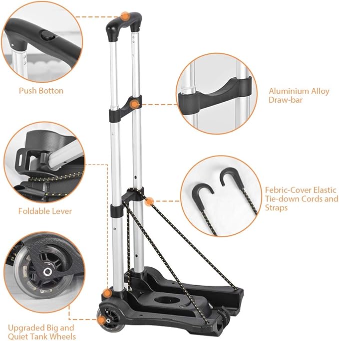 Hivexagon Folding Luggage Cart 88lbs Load Capacity Compact Lightweight and Durable Aluminum Alloy Travel Trolley for Luggage, Personal, Travel, Moving and Office Use