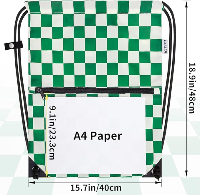 draw string back bag, Large Gym Sports string backpack for men and women with front zipper pocket(Greencheckered)