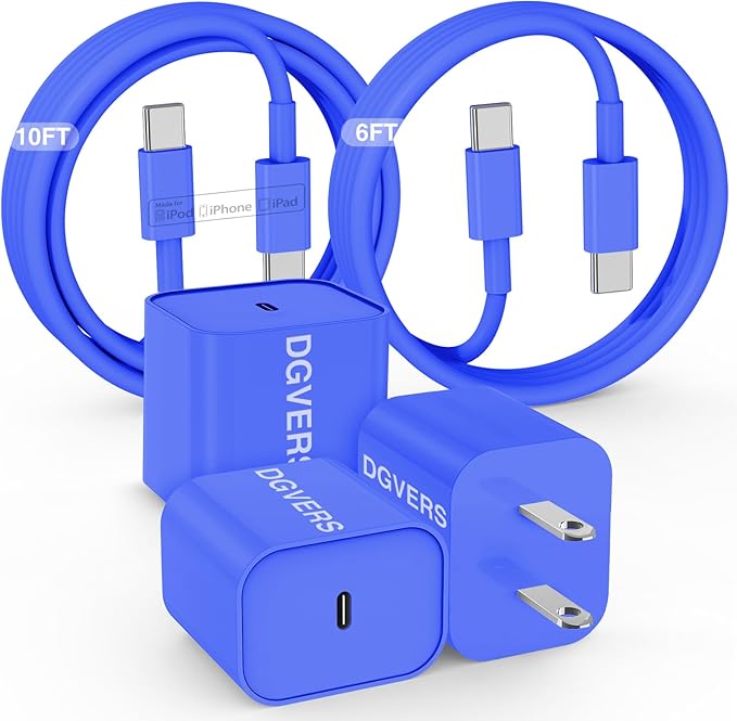Fast Charger for iPhone 17 16 15 Charger Fast Charging, 6+10ft USBC to USBC Cable Cord &20W Type C Block for iPhone 17 Air, 16e, 17 16 15 (Pro Max/Pro/Plus), iPad Pro/Air/Mini, Blue