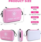 Premium First Aid Kit - 305 Piece Dual-Color Emergency Kit with Hard Shell & Fluorescent Interior Coating, Compact Survival Kit for Home, Car, Travel, Hiking & Outdoor (Pink/White)