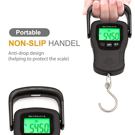 Commercial Grade Heavy Duty Digital 110lb/50kg Capacity Hanging Scale with Backlit and Measuring Tape for Luggage Fish Fishing with Comfortable Handle and Large Hook
