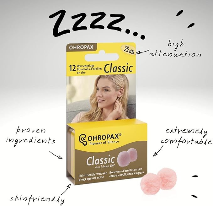 Ohropax Reusable Cotton/Wax Ear Plugs - Ear Plug for Noise Reduction, Studying, & Snoring, Hearing Protection, For Sensitive Ears, Personalized Fit w/ Convenient Yellow Pocket Sized Case, 36 Plugs