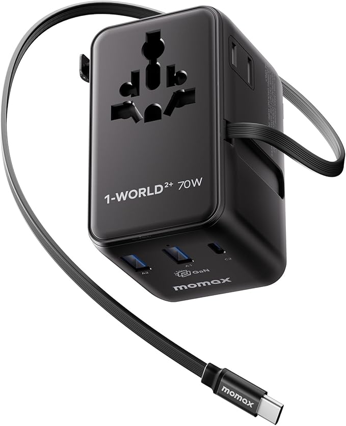 MOMAX 70W Universal Travel Adapter, 6-in-1 International Power Adapter with USB-C Retractable Cable, Dual-AC Plug Adapter PD Fast Charging Worldwide Wall Charger for US/UK/EU and Over 200 Countries