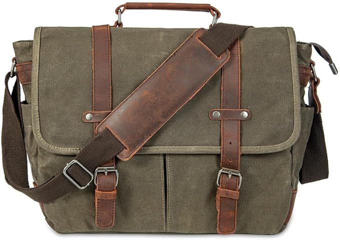 Vintage Genuine Leather Waxed Canvas Briefcase Large Satchel Shoulder Bag Rugged Computer 15.6" Laptop Bag